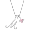 Detail of cursive letter M pendant with pink heart planet and sparkling cubic zirconia - Letter M / Silver