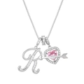 Detail of silver necklace with pink heart stone, zircon letter R, and cupid arrow - Letter R / Silver