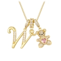 Gold-tone bear pendant necklace with letter W, pink heart stone and white zircon stones - Gold W