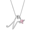 Silver letter N necklace featuring a pink crystal heart with a sparkling planet ring pendant - Letter N / Silver