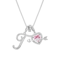 Close-up of zircon heart necklace featuring a pink gemstone and arrow pendant detail - Letter T / Silver