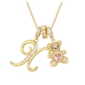 Golden bear pendant necklace with letter K and pink heart zircon on box chain - Gold X