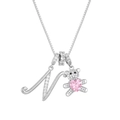 Silver bear necklace with letter N pendant and sparkling pink heart gemstone - Letter N / Silver