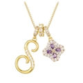 Detail of gold letter S and purple clover zircon pendant on a box chain necklace - Gold S