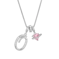 Letter O and pink heart planet pendants on box chain necklace, silver finish with crystals - Letter O / Silver