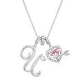 Detail of the letter U pendant with a pink heart gemstone and arrow on a box chain - Letter U / Silver