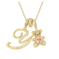Gold teddy bear necklace featuring cursive letter U and pink heart gemstone - Gold Y