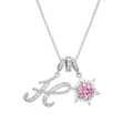 Macro detail of silver necklace with diamond letter K and pink snowflake gemstone pendant - Box Chain / Silver H