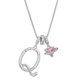 Silver letter Q necklace with pink heart planet pendant and sparkling crystals - Letter Q / Silver