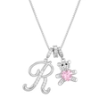 Silver bear necklace with letter R pendant featuring a pink heart stone and crystals - Letter R / Silver