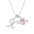 Silver alphabet heart pendant necklace with pink stone and Cupid arrow detail - Letter X / Silver