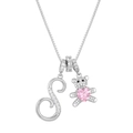 Silver bear necklace with letter S pendant featuring a pink heart stone and crystals - Letter S / Silver