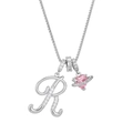 Silver letter R necklace with pink heart planet pendant and sparkling zircon accents - Letter R / Silver