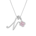 Detailed close-up of a silver-tone necklace with letter N and pink clover charm pendant - Silver Letter N Style
