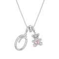 Letter O Teddy Bear Necklace with silver box chain and pink heart crystal pendant - Silver O