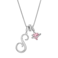 Silver alphabet S pendant necklace with pink heart Saturn charm and zircon stones - Letter S / Silver