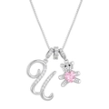 Silver bear necklace with letter U pendant and pink heart stone on box chain - Letter U / Silver