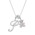 Silver bear necklace with letter P pendant and pink heart stone on box chain - Silver P