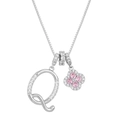Letter Q pendant necklace with clover pink gemstone floral charm and paved white zircons - Silver Letter Q Style