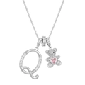 Silver letter Q necklace with crystal bear pendant and pink heart gem accessory - Silver Q
