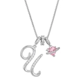 Silver letter U necklace with pink heart planet pendant and sparkling white crystals - Letter U / Silver