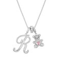 Silver bear necklace with letter R pendant and pink heart stone on box chain - Silver R
