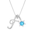 Macro detail of silver snowflake pendant with blue zircon and pavé crystal letter T charm - Silver-Letter T