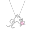 Silver bear necklace with letter K pendant and pink heart-shaped gemstone - Letter X / Silver