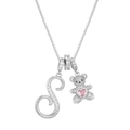 Silver bear necklace with letter S pendant and pink heart gem on a box chain - Silver S
