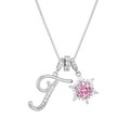 Close-up of silver letter F necklace with pink zircon snowflake pendant and box chain - Box Chain / Silver T