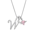 Silver letter W pendant necklace with pink heart planet and sparkling zircons - Letter W / Silver