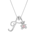 Silver bear necklace with letter J pendant and pink heart gem on box chain - Silver T