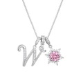 Silver alphabet letter W necklace with pink gemstone snowflake pendant and box chain - Box Chain / Silver W