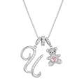 Silver bear necklace with letter U pendant and a pink heart-shaped gemstone - Silver U