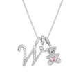 Silver bear necklace with letter W pendant and pink heart stone on a box chain - Silver W