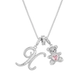 Silver bear pendant necklace with letter K and pink heart crystal, silver tone - Silver X