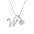 Silver four leaf clover necklace with diamond-set letter W and pink gemstone charm - Silver Letter W Style