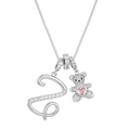Silver bear necklace with letter S pendant and pink heart stone on white background - Silver Z