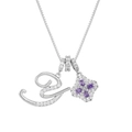 Silver alphabet E necklace with purple clover pendant and sparkling zircons - Silver E