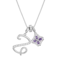 Silver letter S necklace with purple four-leaf clover pendant and sparkling crystals - Silver S