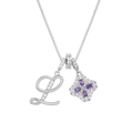 Detailed shot of silver L letter pendant with zircon and purple flower charm necklace - Silver L