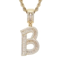 Macro detail of iced-out gold letter B hip hop pendant with cubic zirconia on rope chain - Letter B / 60cm Twist Chain / Gold