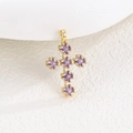 Detailed macro view of a gold cross pendant featuring six radiant purple square zircons - Pendant Only (Without Chain) / Purple (February)