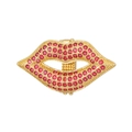 Detailed macro view of a red rhinestone encrusted lip brooch with golden alloy plating - Slide Charm / Gold Lips Style (NO.4)