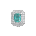 Macro detail of emerald-cut green gemstone with double halo diamonds on silver band - Slide Charm / Silver Emerald Cut Lake Blue Style (NO.9)