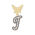 Detailed close-up of a gold butterfly necklace with a blue and white zircon letter J pendant - Letter J Style