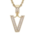 Collana con pendente a lettera V dorata stile hip-hop con zirconi cubici scintillanti - Lettera V / un solo ciondolo, senza catena / Oro