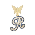 Detail of golden butterfly clasp and large letter R pendant with blue and clear crystals - Letter R / Pendant With 18K Gold Plated O Chain