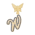 Close-up of golden butterfly necklace with blue and white pavé cursive letter W - Letter W Style