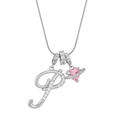 Silver alphabet P necklace with pink heart pendant and shimmering rhinestones - Letter P Heart Planet Necklace (With Stainless Steel Snake Chain) / Silver